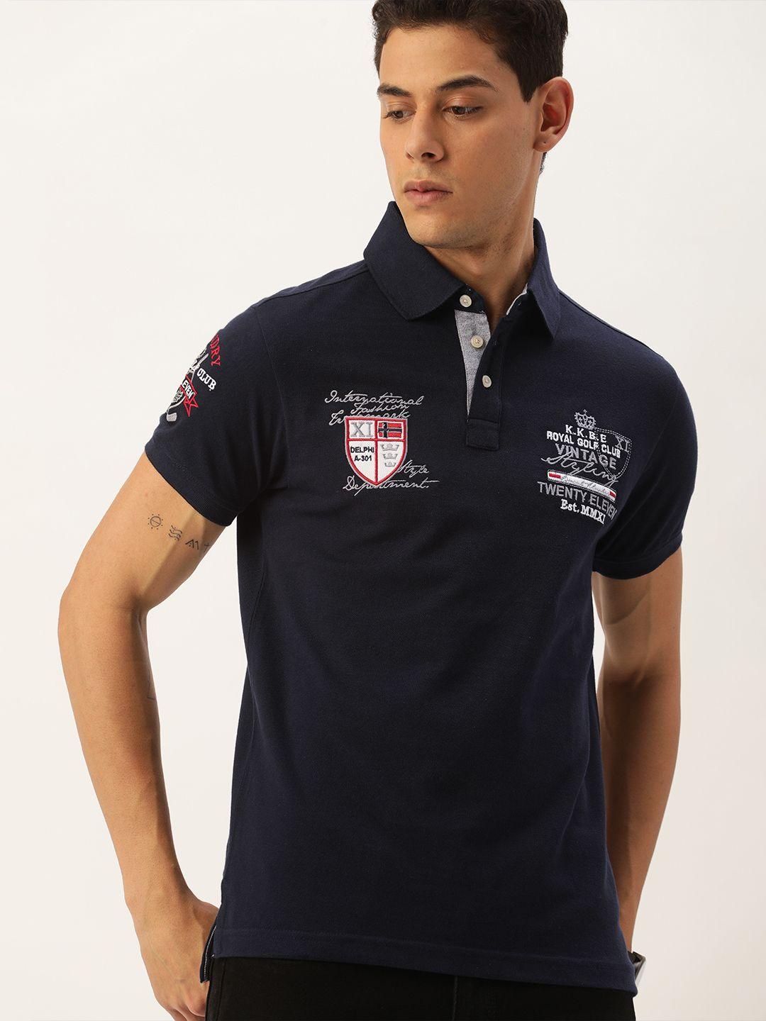 burnt umber men navy blue brand logo printed polo collar pure cotton t-shirt