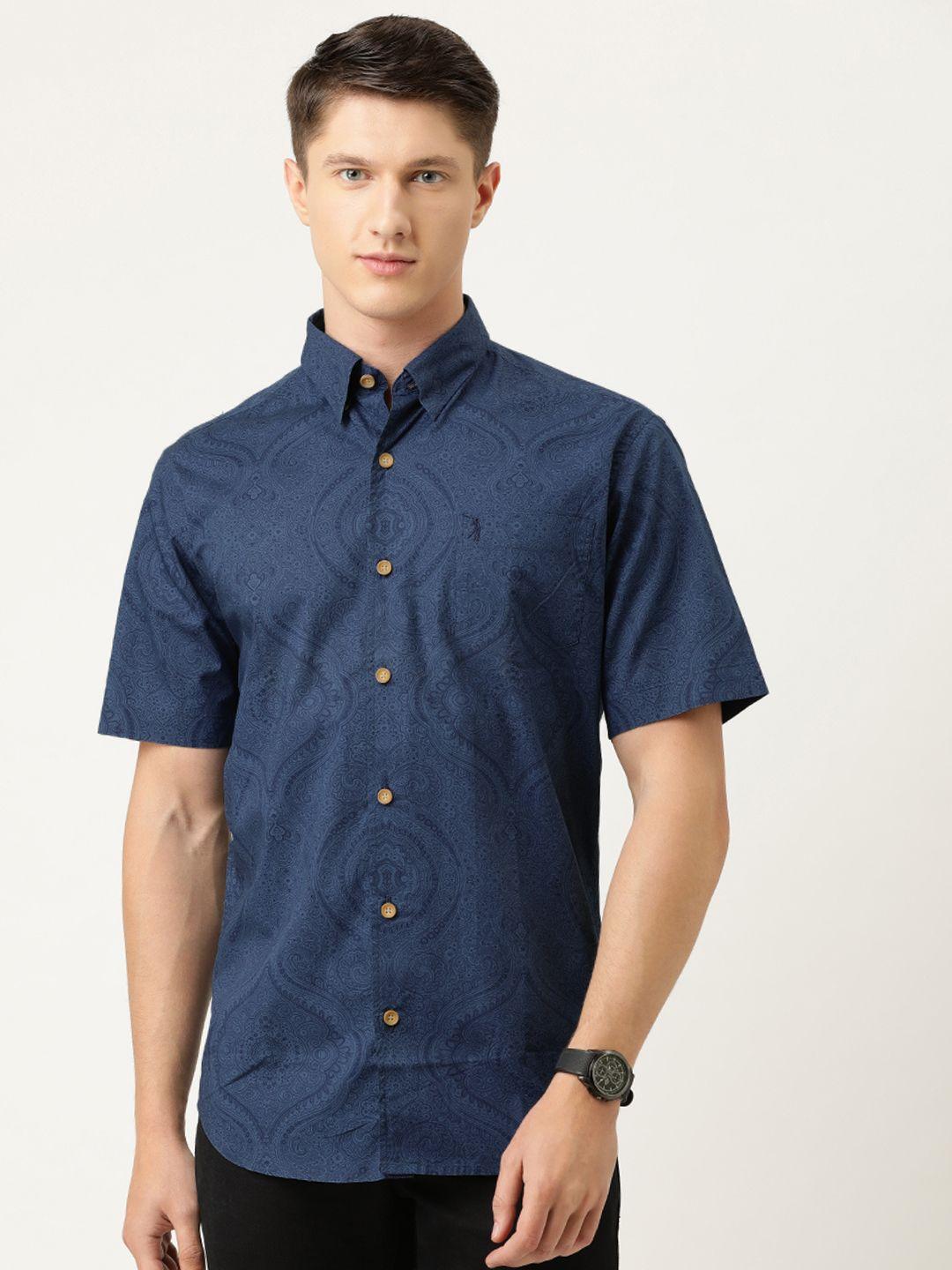 burnt umber men navy blue regular fit ethnic motifs print cotton casual shirt