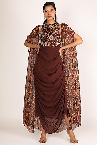 burnt brick embroidered cape set