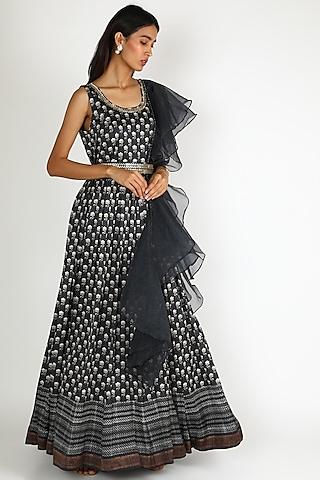 burnt charcoal hand embroidered gown with belt