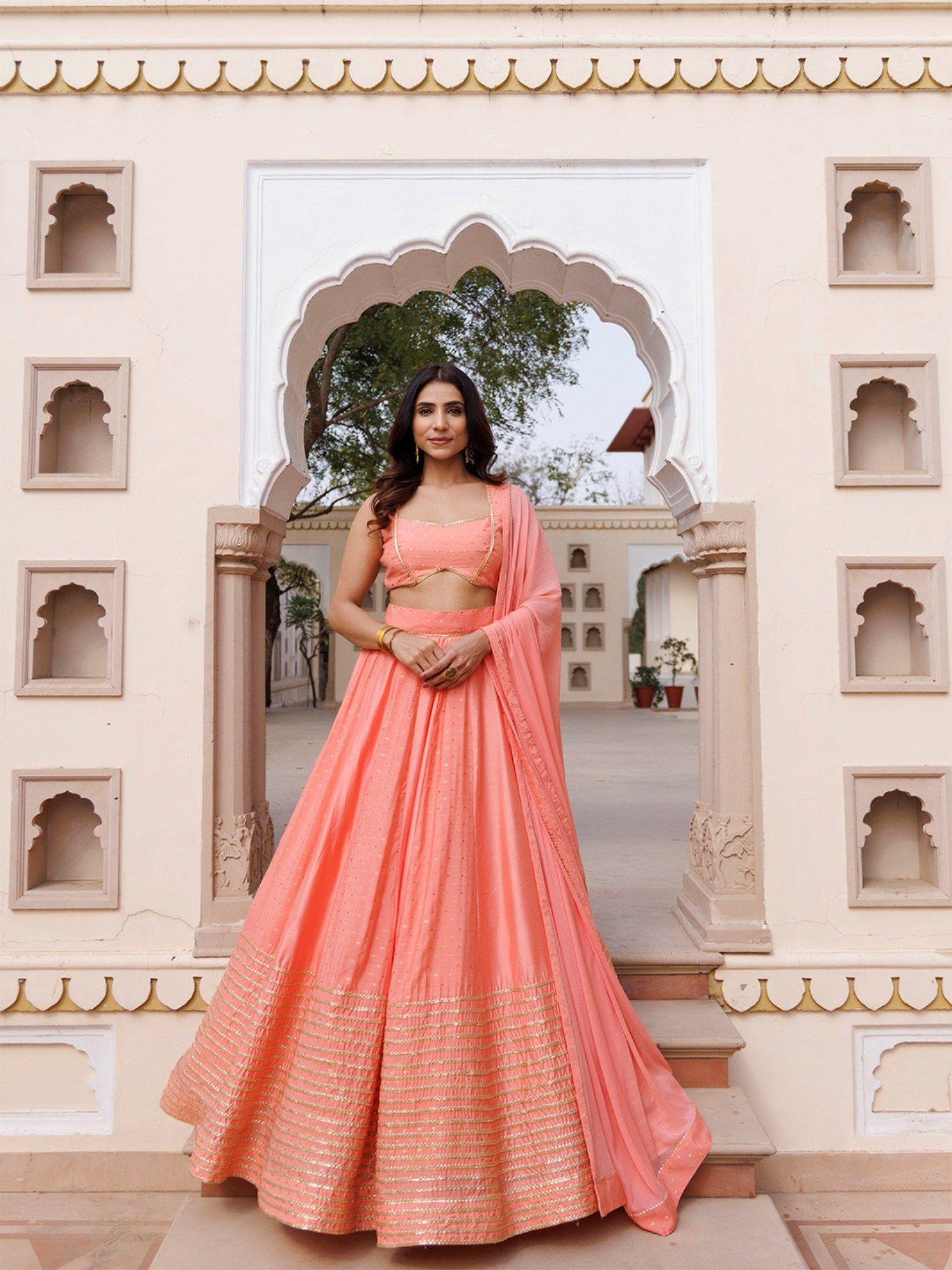 burnt coral lehenga and blouse with dupatta (set of 3)