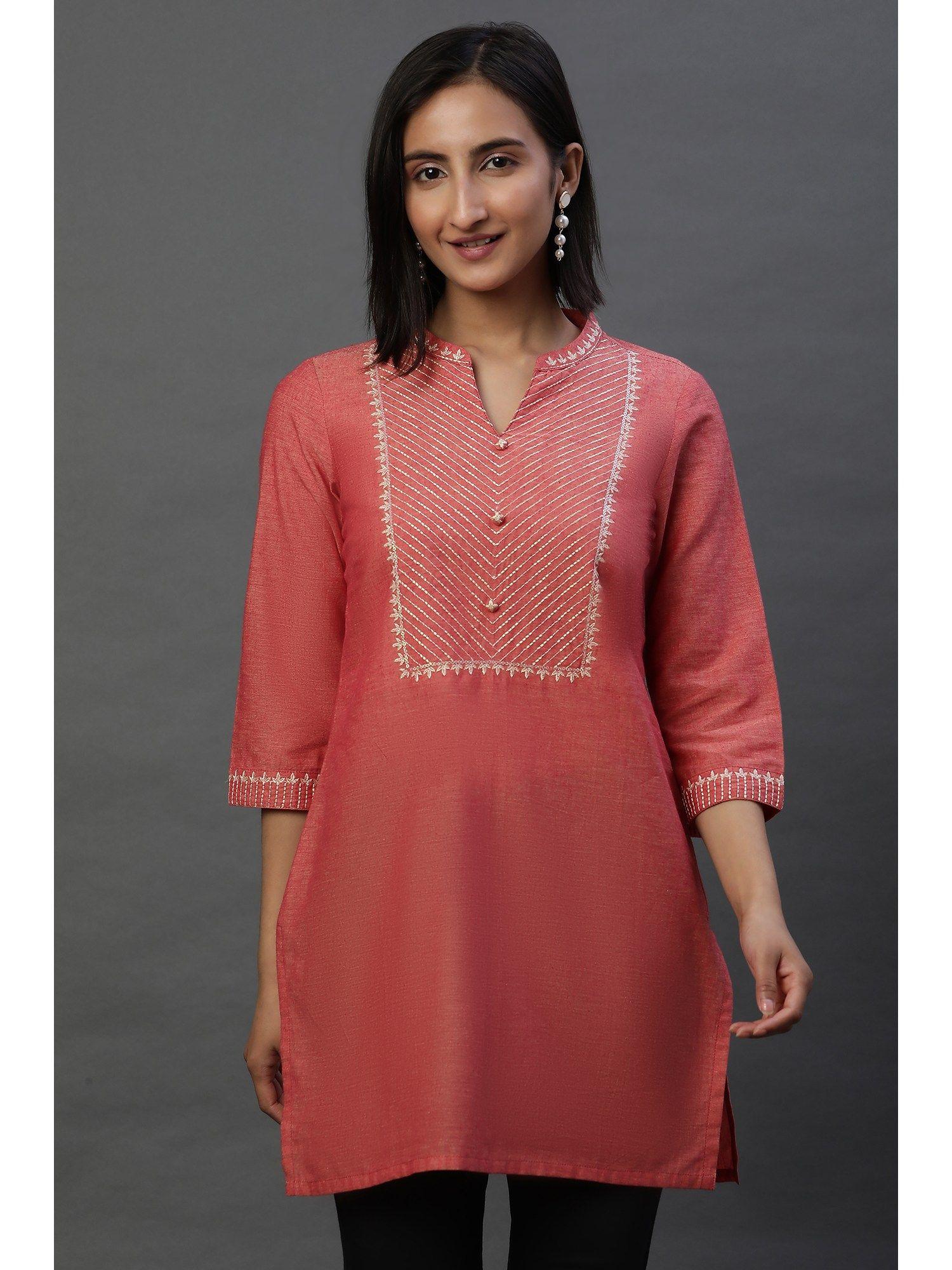 burnt coral zari embroidered short kurti