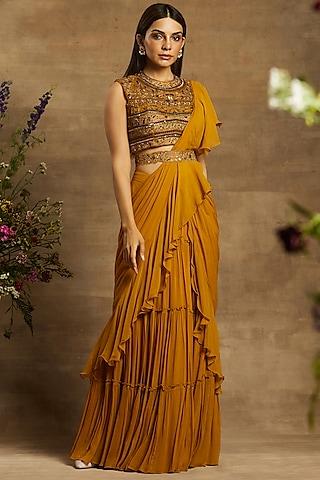 burnt mustard georgette pre-draped saree set