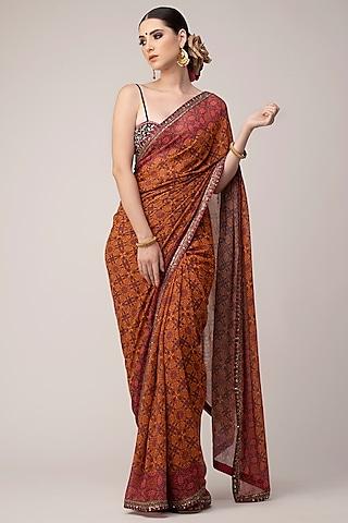 burnt orange & fuchsia georgette printed saree set