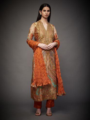 burnt orange & multi-color niscira hand kurta with pant & dupatta (set of 3)