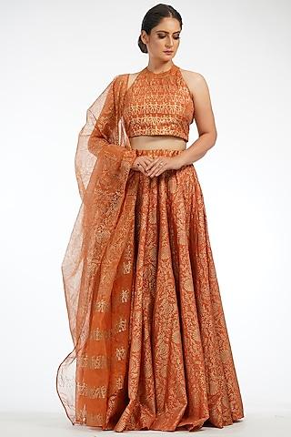 burnt orange block printed lehenga set