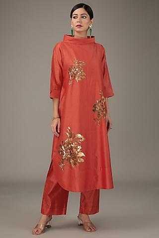 burnt orange chanderi sequins hand embroidered & floral printed tunic set