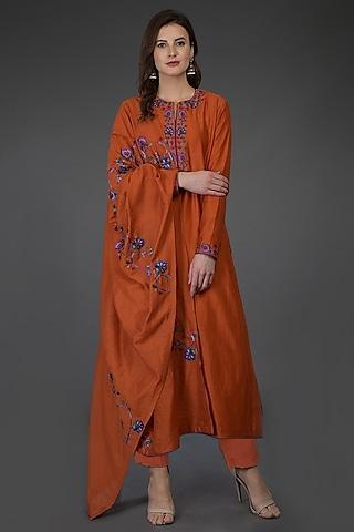 burnt orange embroidered kurta set