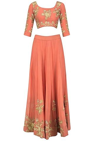 burnt orange floral embroidered lehenga set