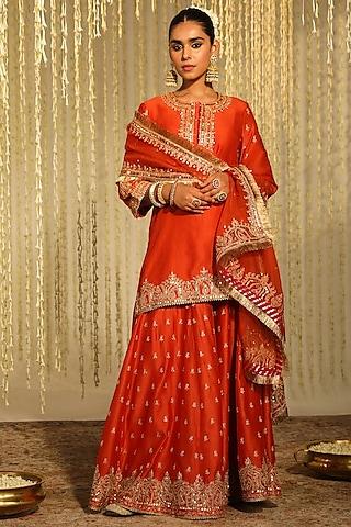 burnt orange pure silk chanderi dori embroidered sharara set for girls