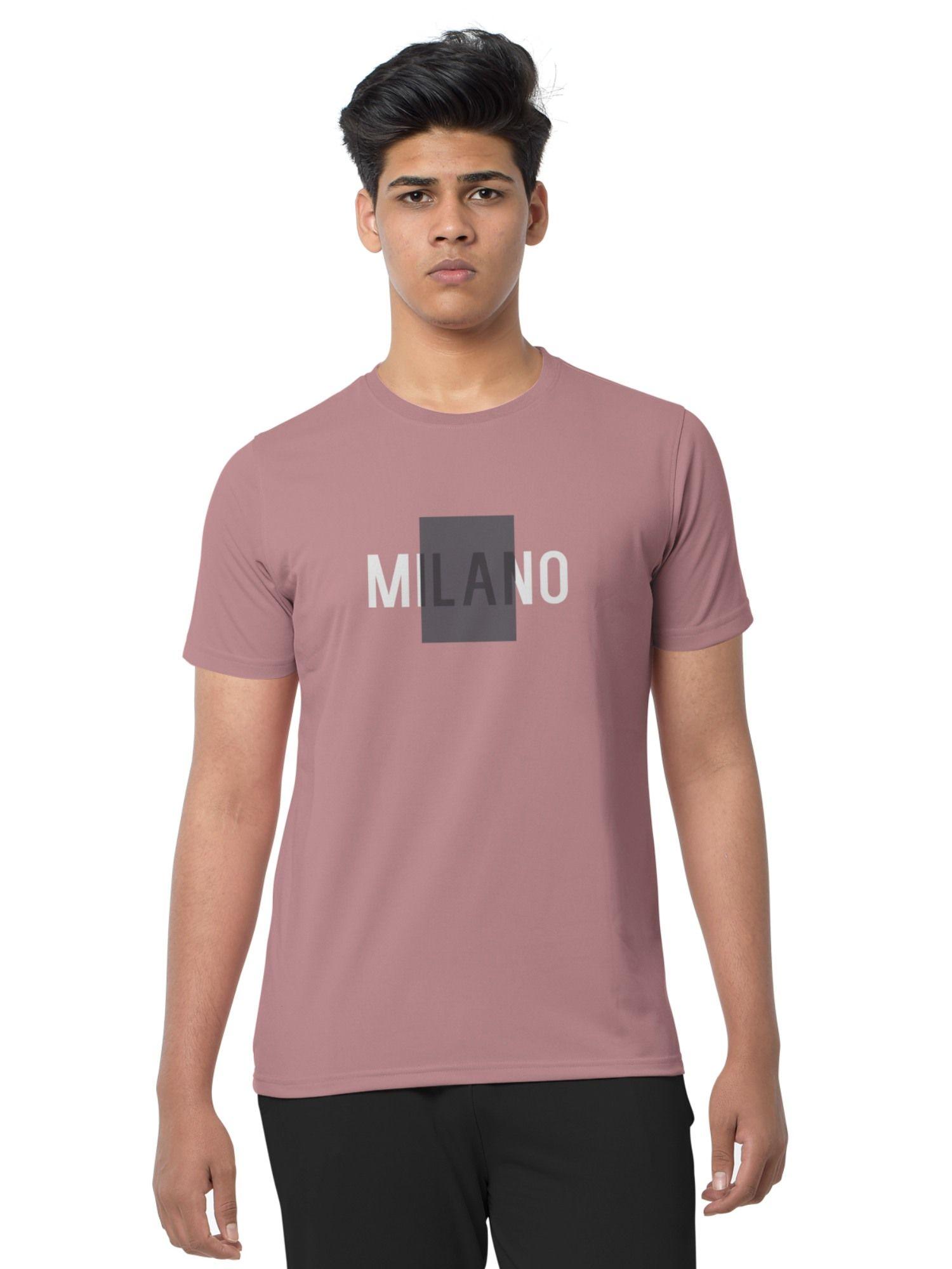 burnt pink trendy printed typographic cotton blend round neck half sleeve t-shirt