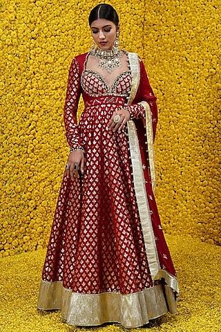 burnt red embroidered anarkali set