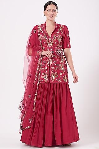 burnt red embroidered jacket lehenga set