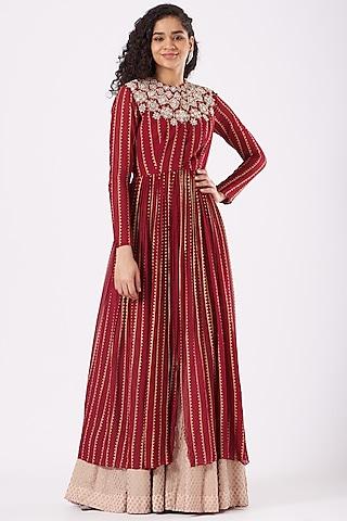 burnt red printed & embroidered cape set