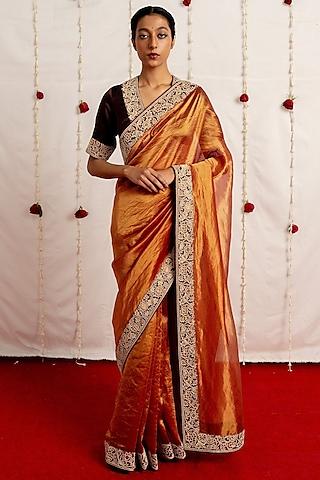 burnt red tissue silk embroidered woven saree set