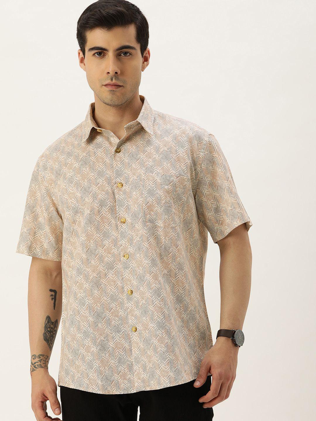 burnt umber comfort printed cotton-linen casual shirt