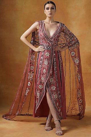 burnt umber cotton silk & organza embroidered gown