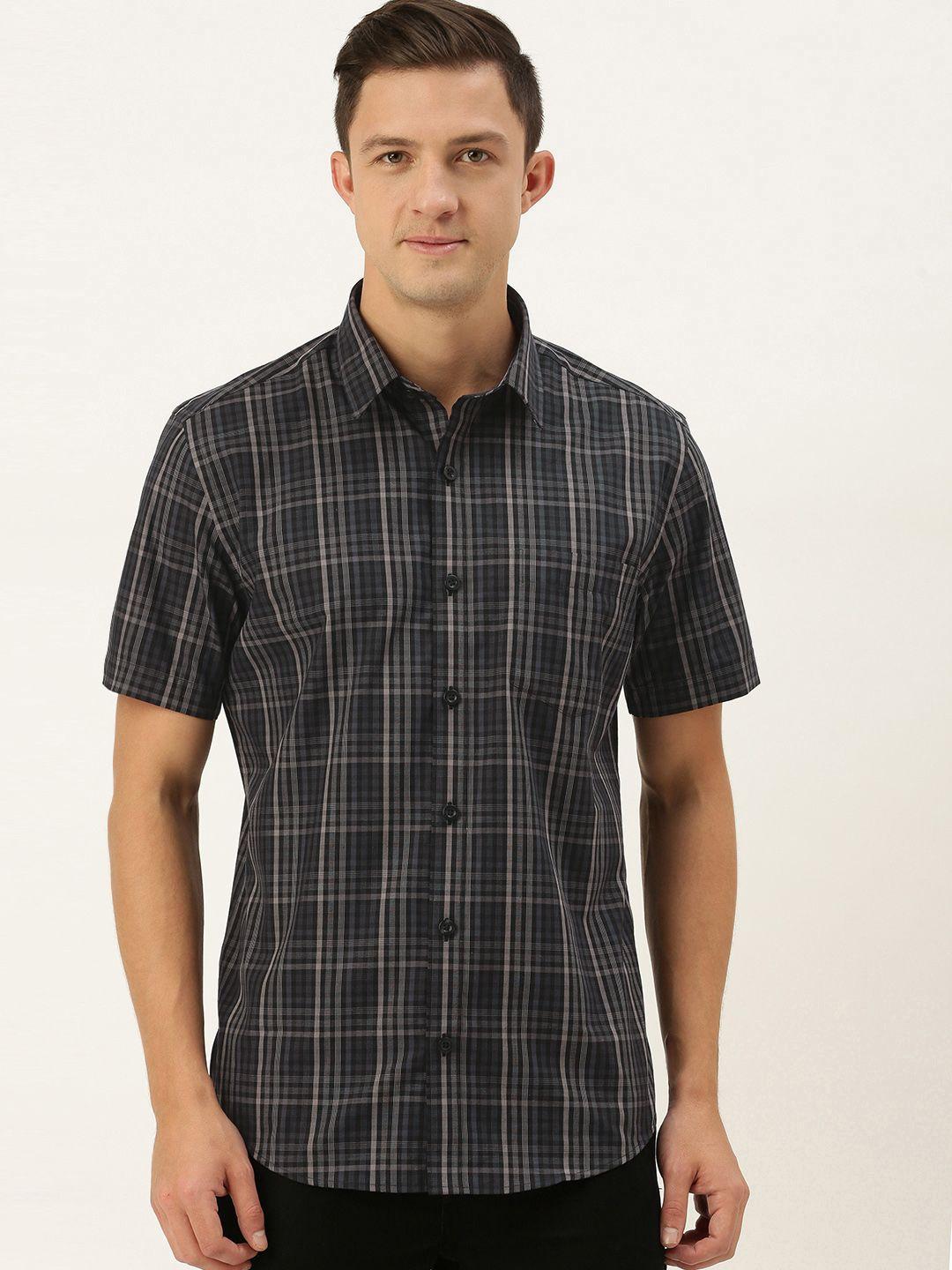 burnt umber men black & beige slim fit checked casual shirt