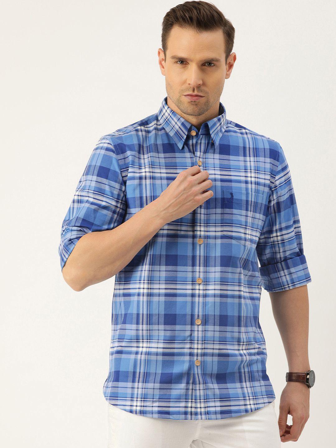 burnt umber men blue & white comfort fit checked casual cotton-linen shirt