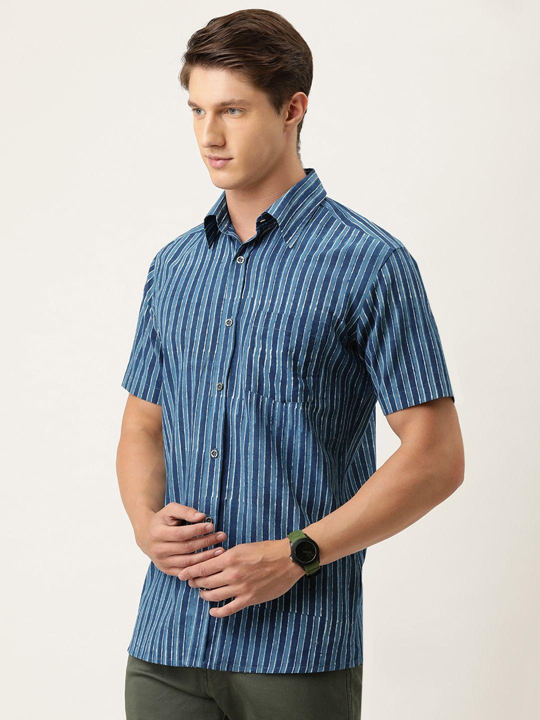 burnt umber men blue & white regular fit hand block striped casual shirt