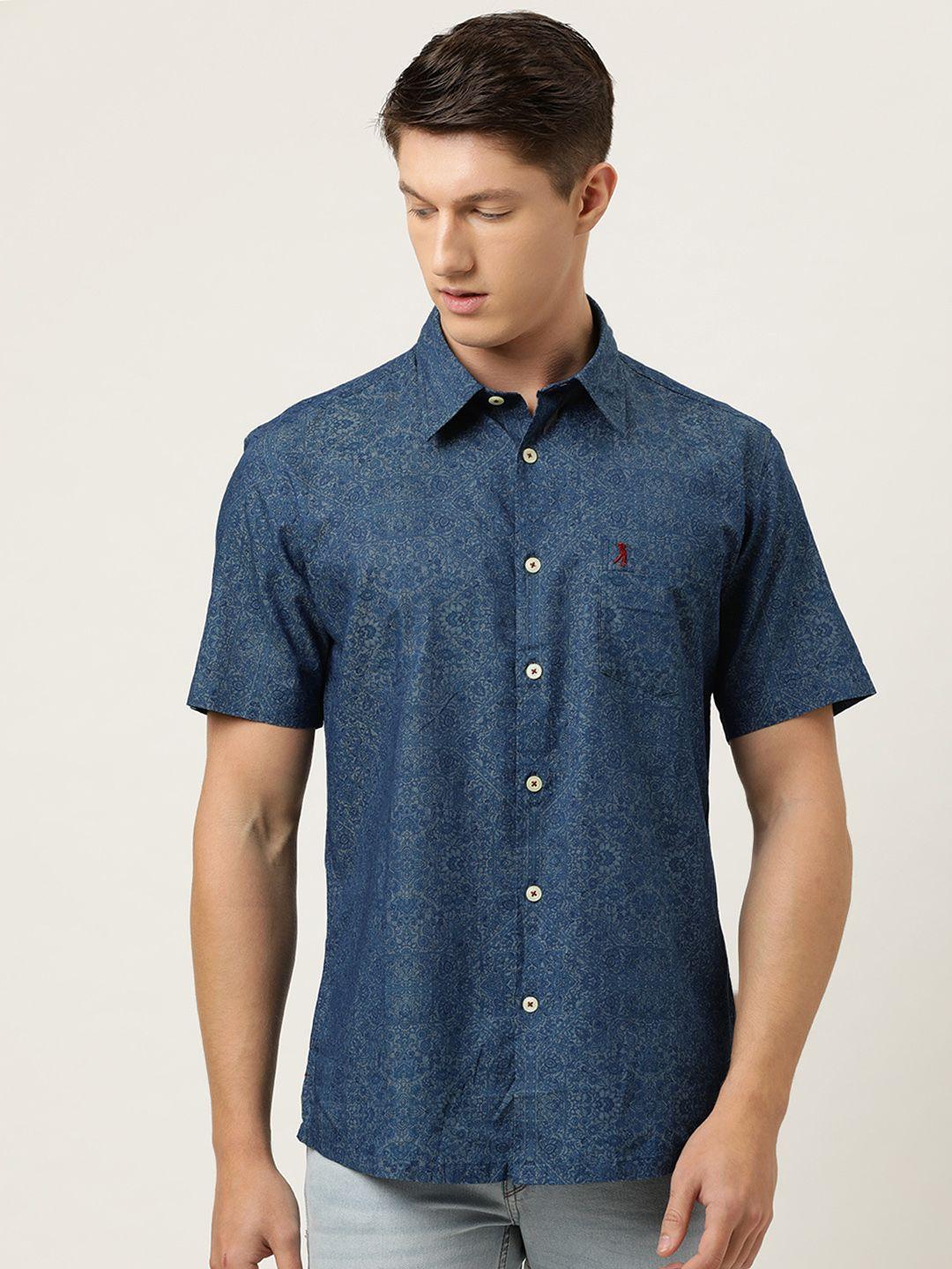 burnt umber men blue ethnic print slim fit pure cotton casual shirt