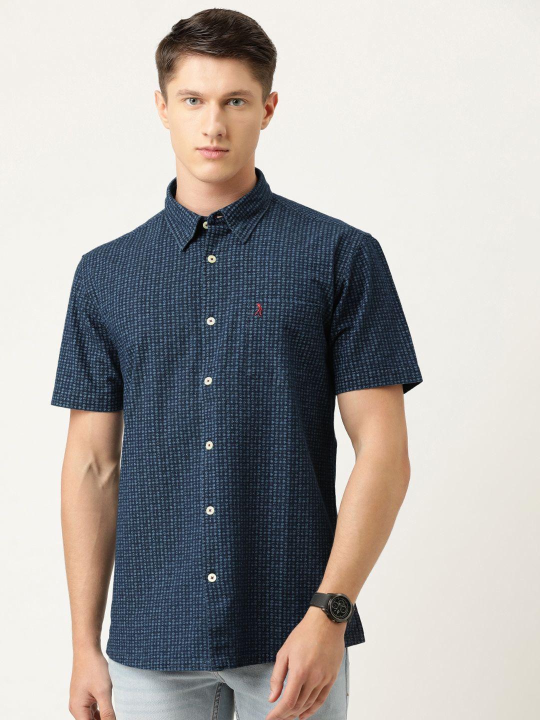 burnt umber men blue geometric print slim fit denim pure cotton casual shirt