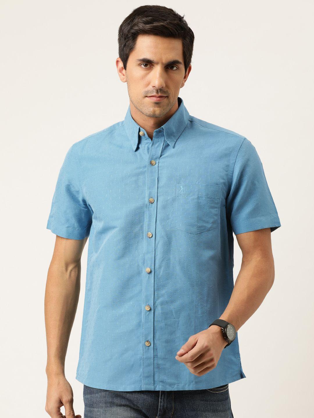 burnt umber men blue slim fit silky linen self design casual shirt