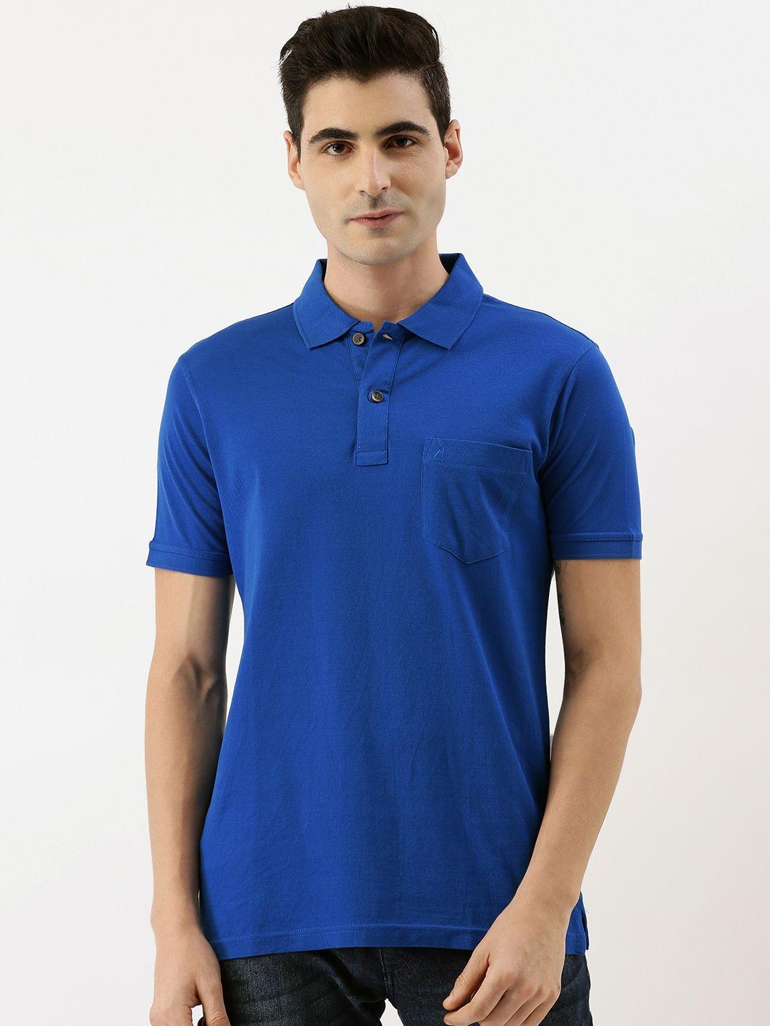 burnt umber men blue solid polo collar pure cotton t-shirt