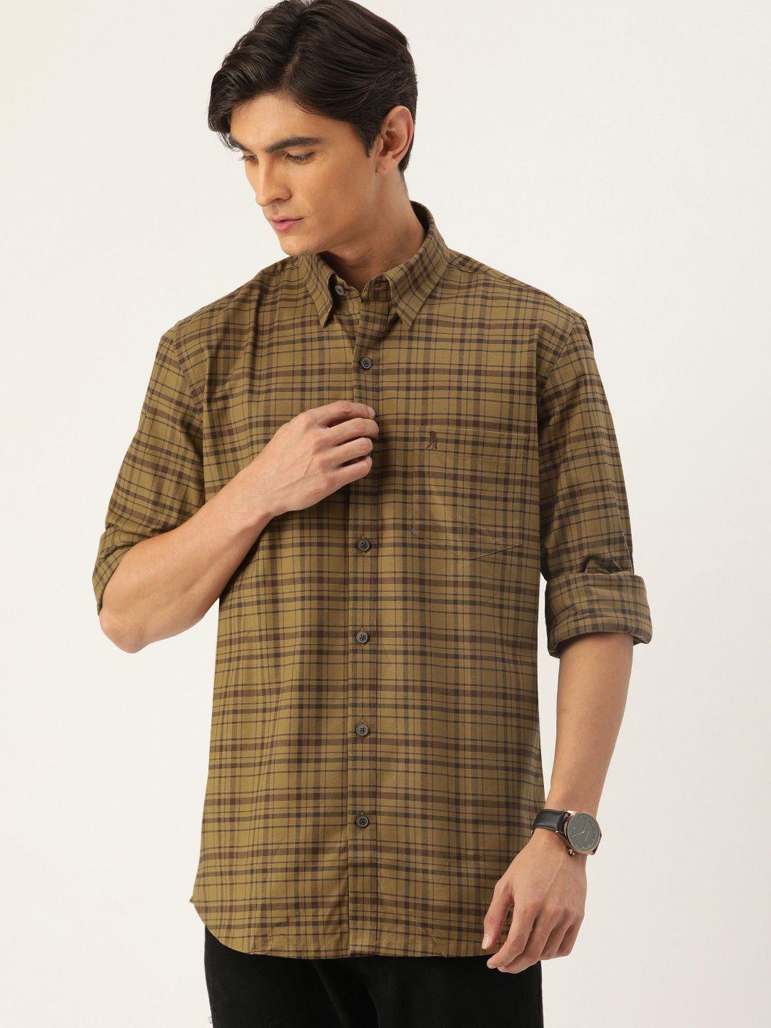 burnt umber men brown comfort fit checked casual cotton-linen shirt