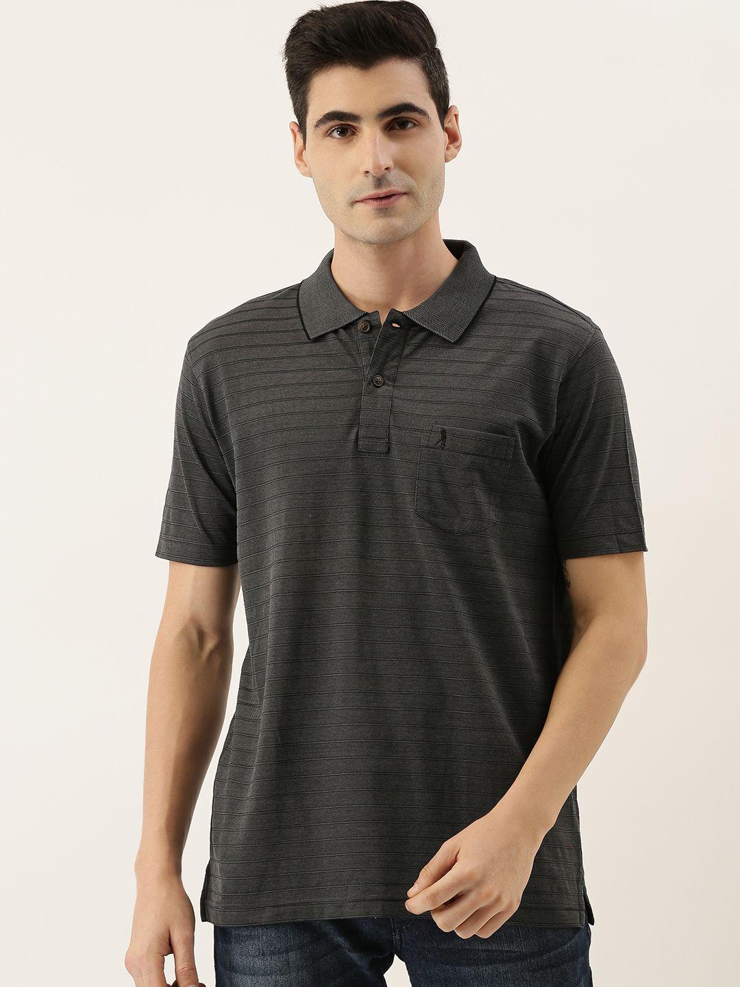 burnt umber men charcoal grey striped polo collar pure cotton t-shirt