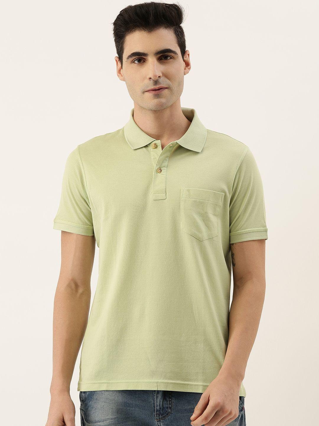 burnt umber men green solid polo collar pure cotton t-shirt