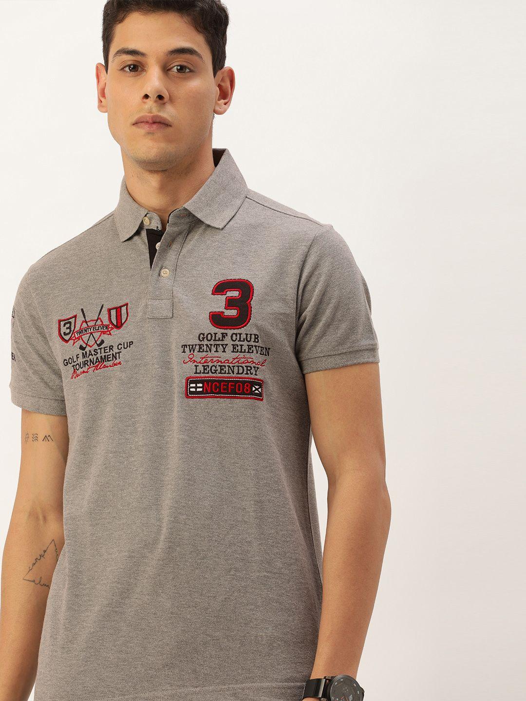 burnt umber men grey & red typography printed polo collar t-shirt