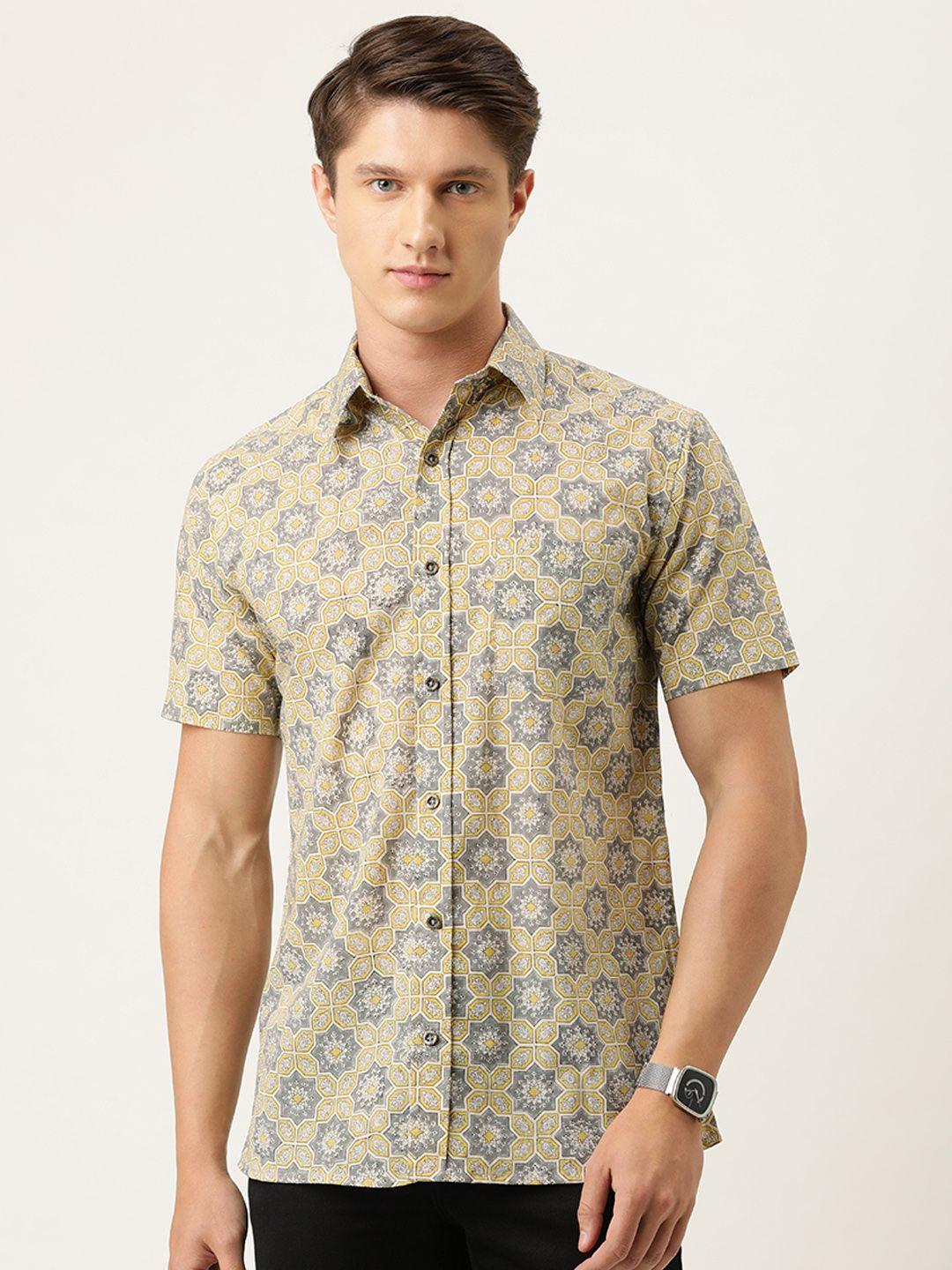 burnt umber men grey & yellow regular fit hand block printed casual shirt