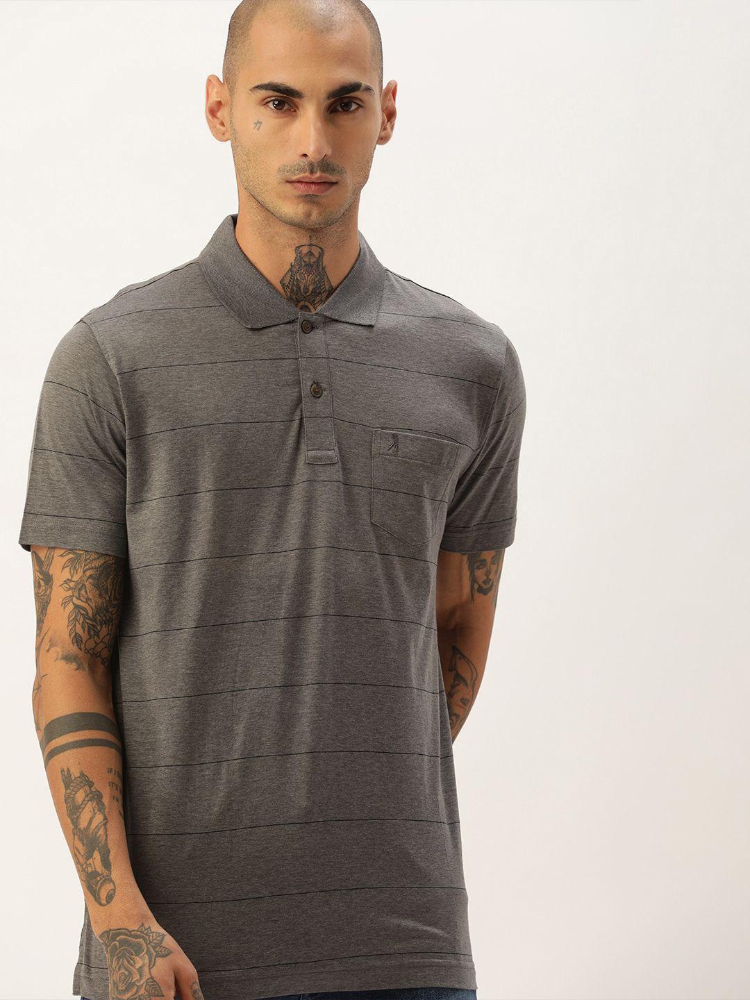 burnt umber men grey  black striped polo collar pure cotton t-shirt