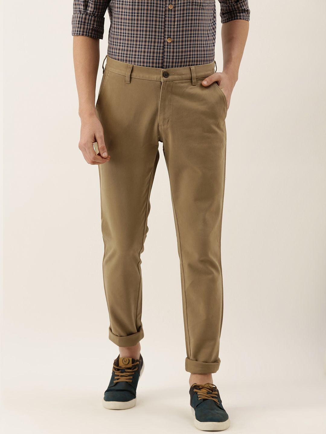 burnt umber men khaki slim fit solid chinos