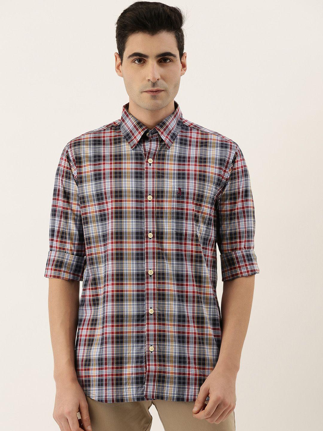 burnt umber men navy blue & maroon regular fit checked casual shirt