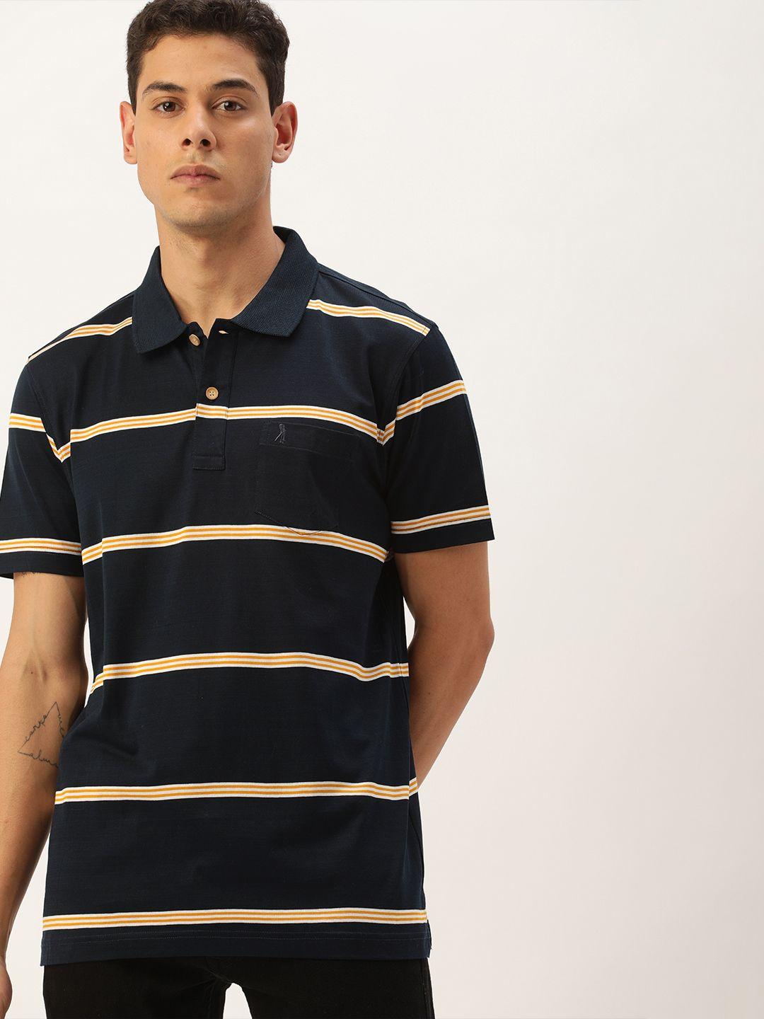 burnt umber men navy blue & white striped polo collar t-shirt