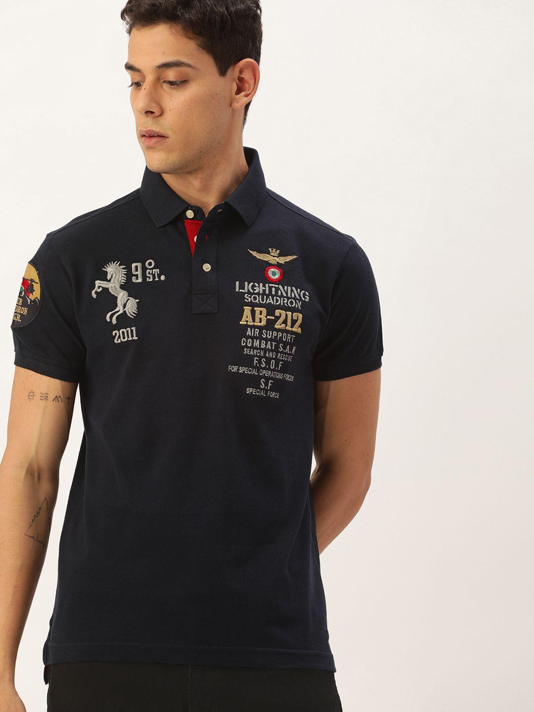 burnt umber men navy blue  navy blue typography embroidered polo collar pure cotton t-shirt