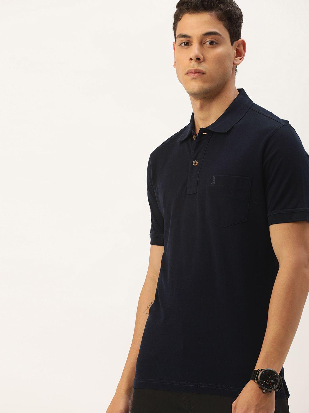 burnt umber men navy blue solid polo collar t-shirt