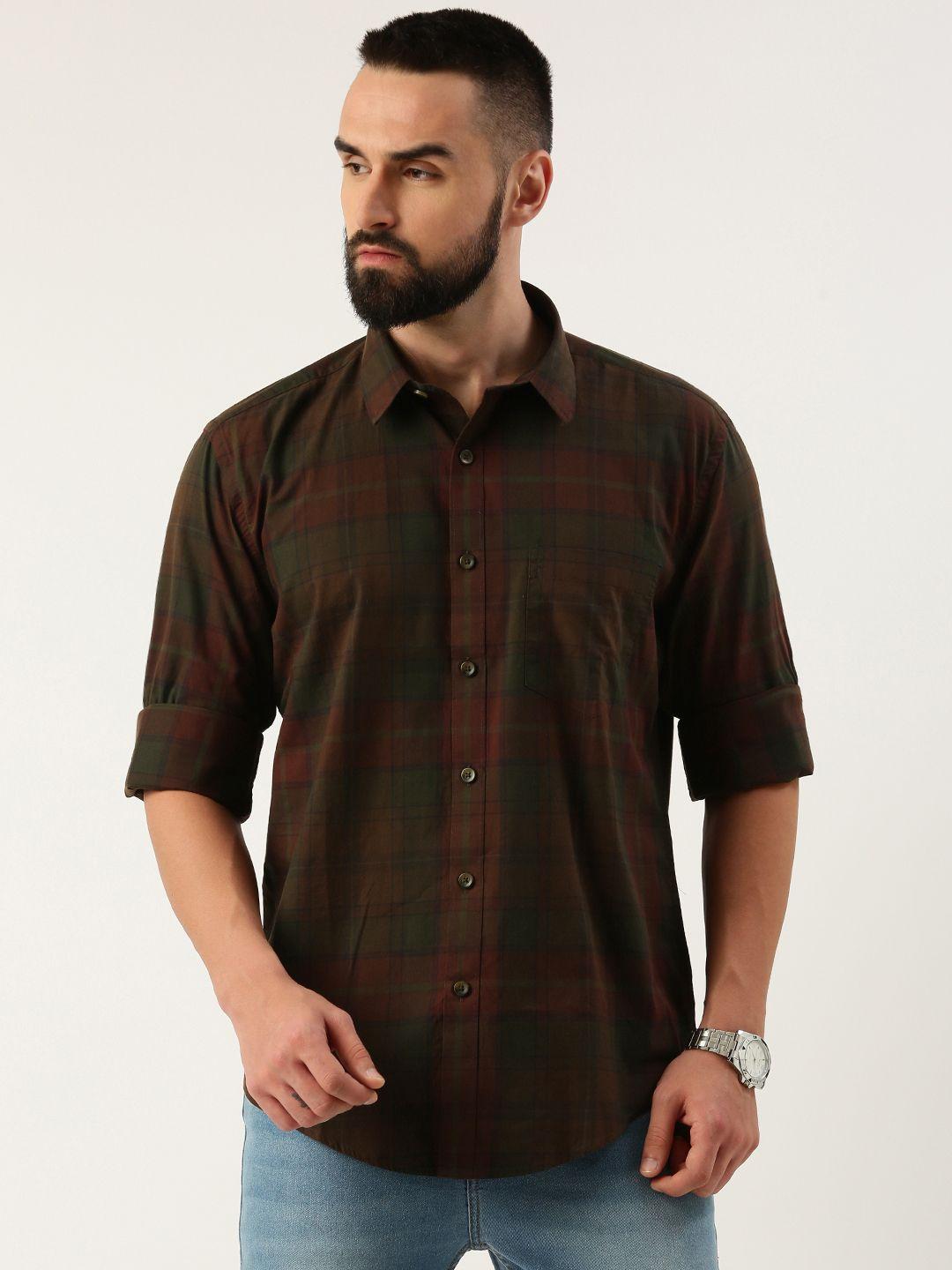 burnt umber men opaque checked casual shirt