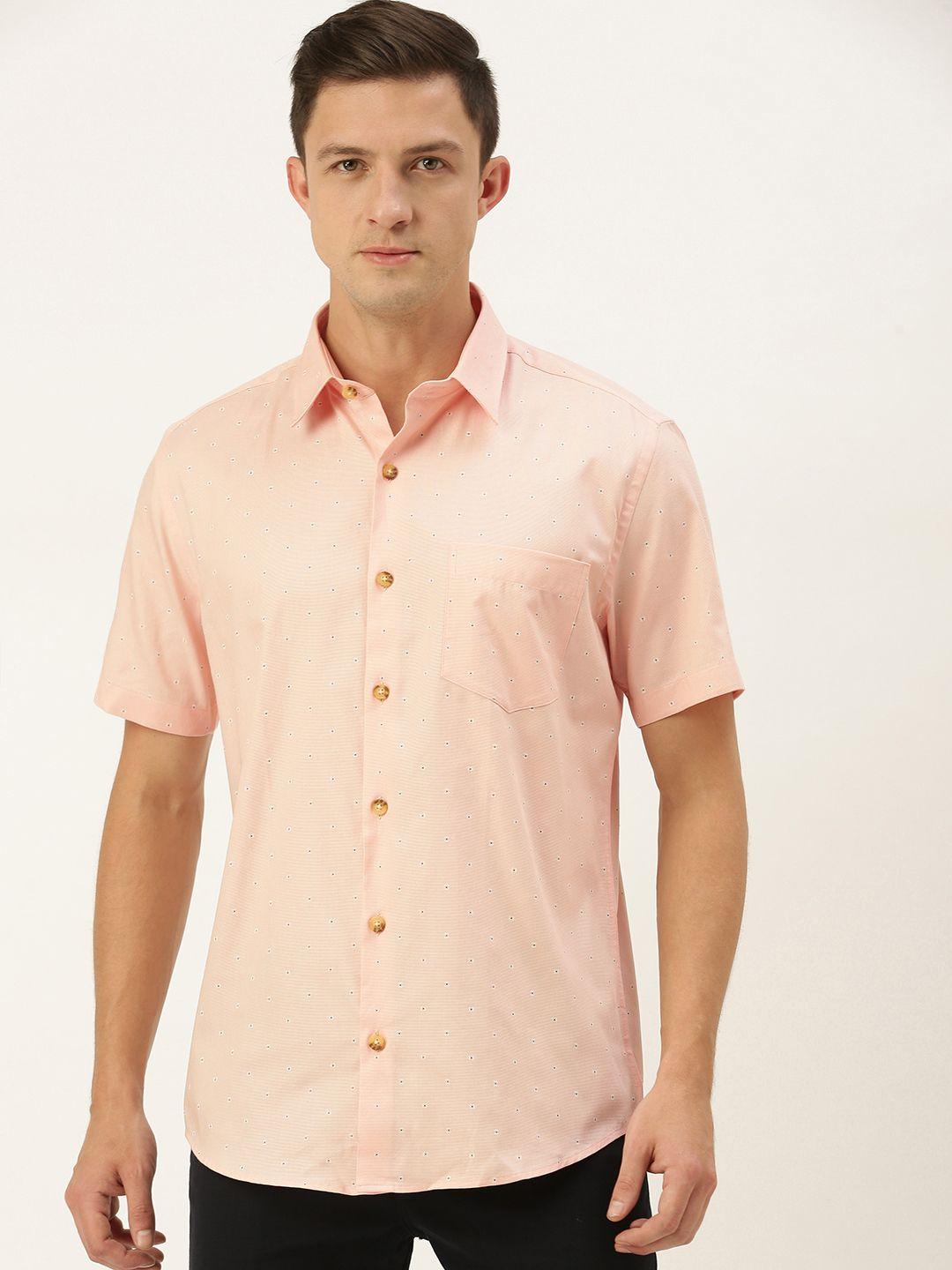 burnt umber men peach-coloured & white pure cotton slim fit printed casual shirt
