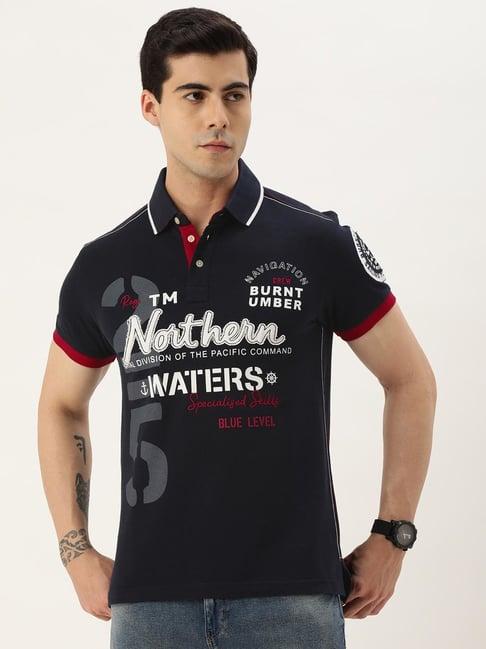 burnt umber navy regular fit graphic print polo t-shirt