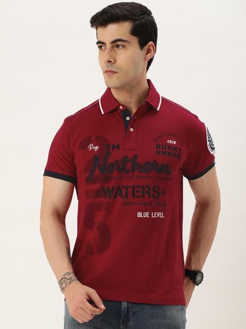 burnt umber red regular fit graphic print polo t-shirt