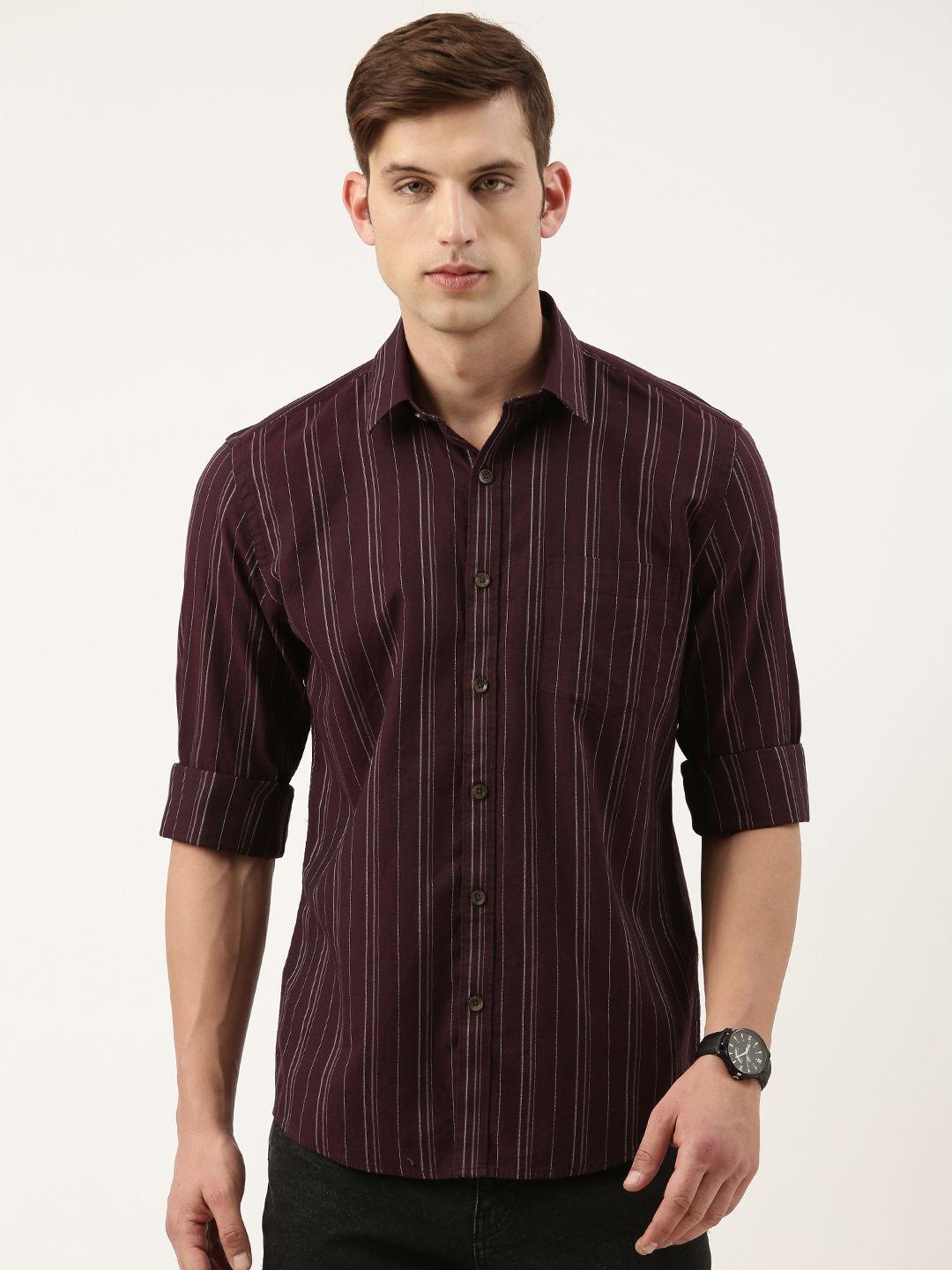 burnt umber standard opaque striped casual shirt