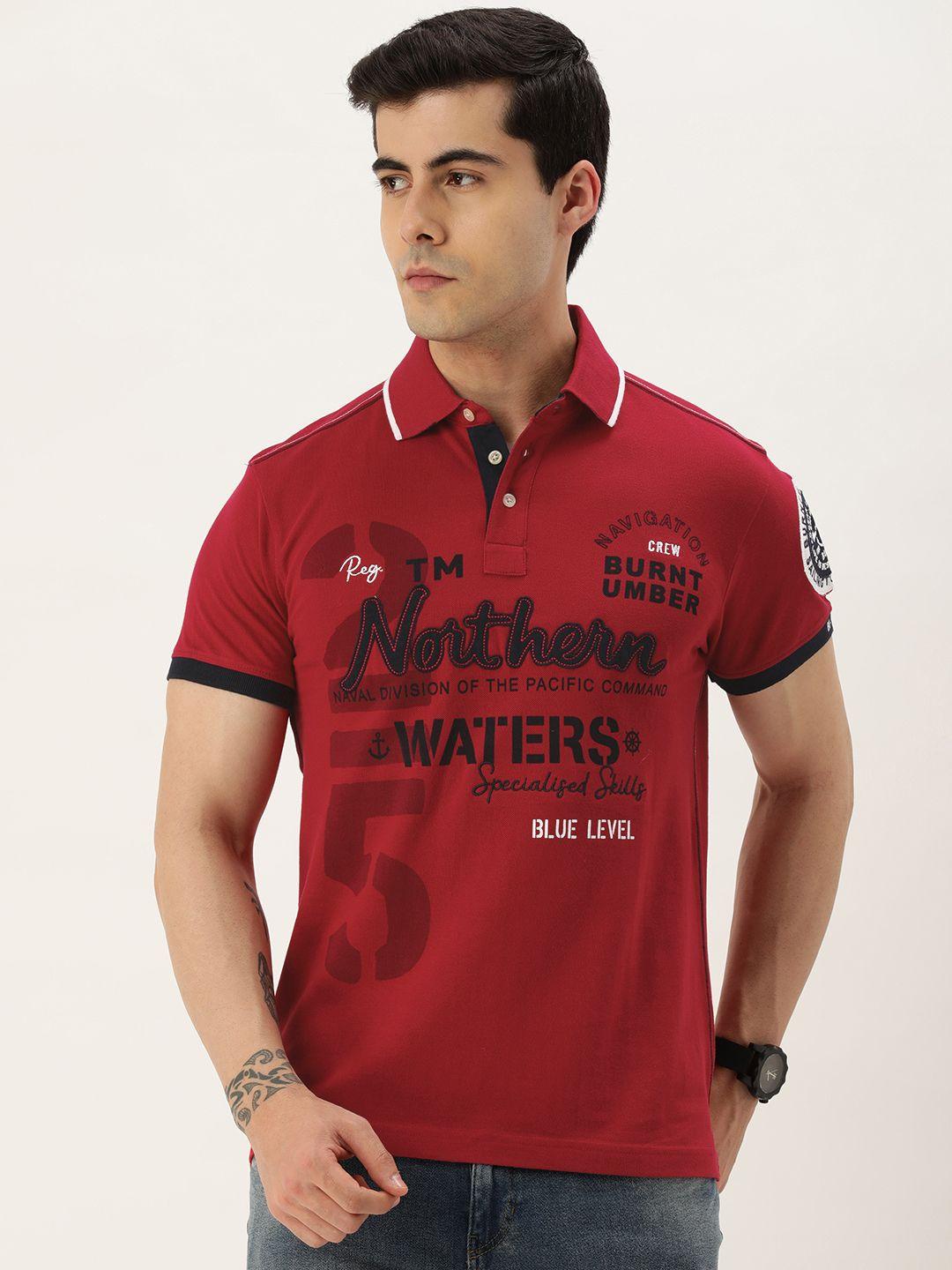 burnt umber typography printed cotton polo collar t-shirt