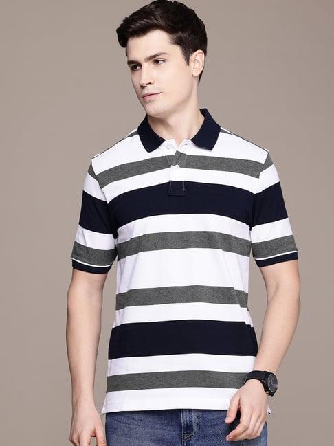 burnt umber white regular fit striped polo t-shirt