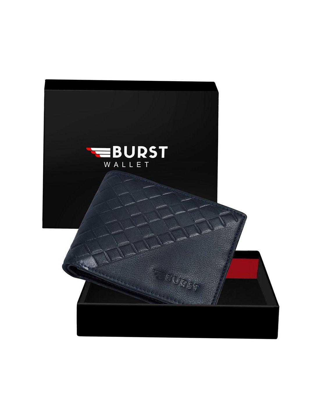 burst men blue textured two fold wallet with sim card holder