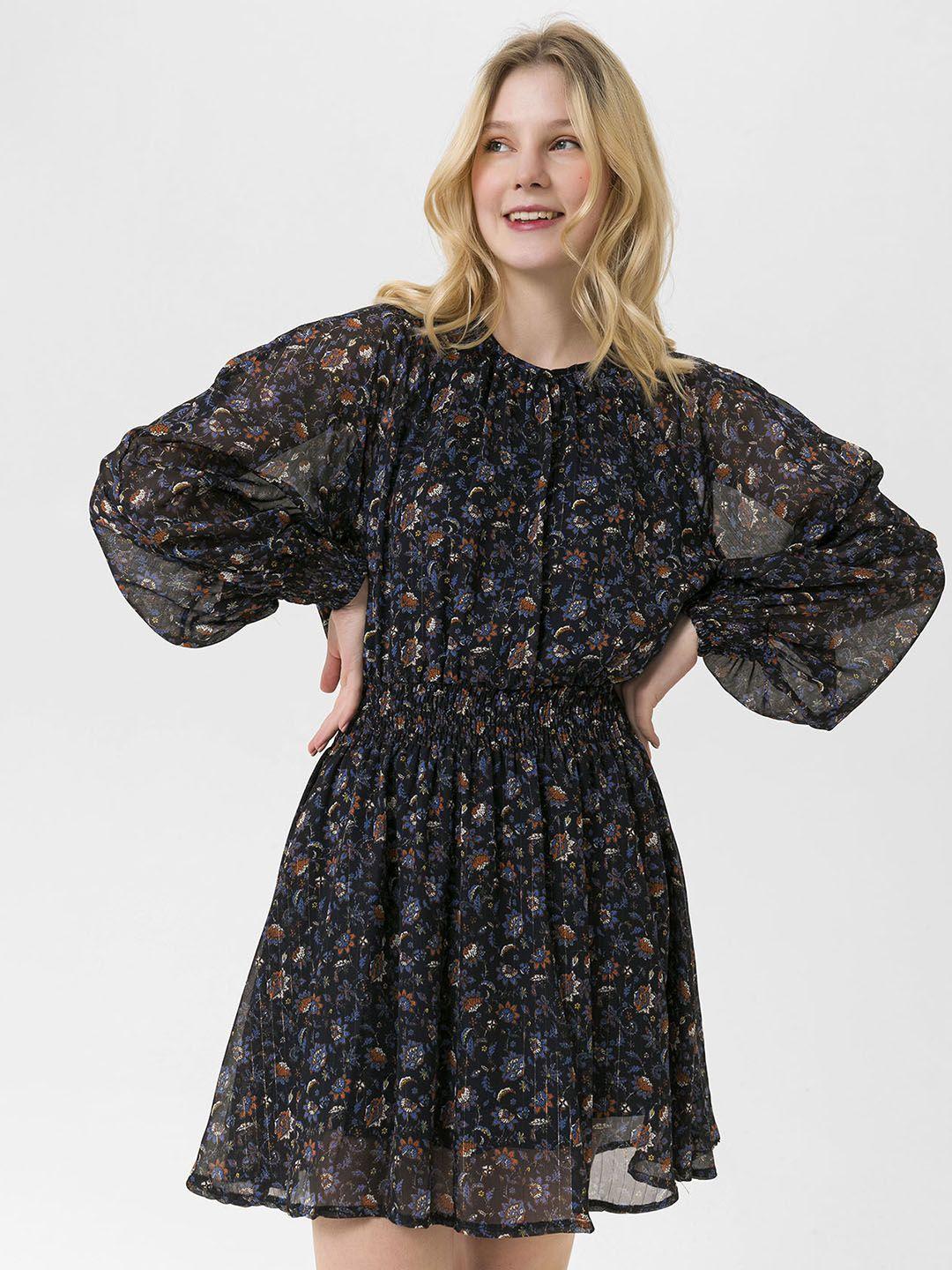 busem black & navy blue floral a-line dress