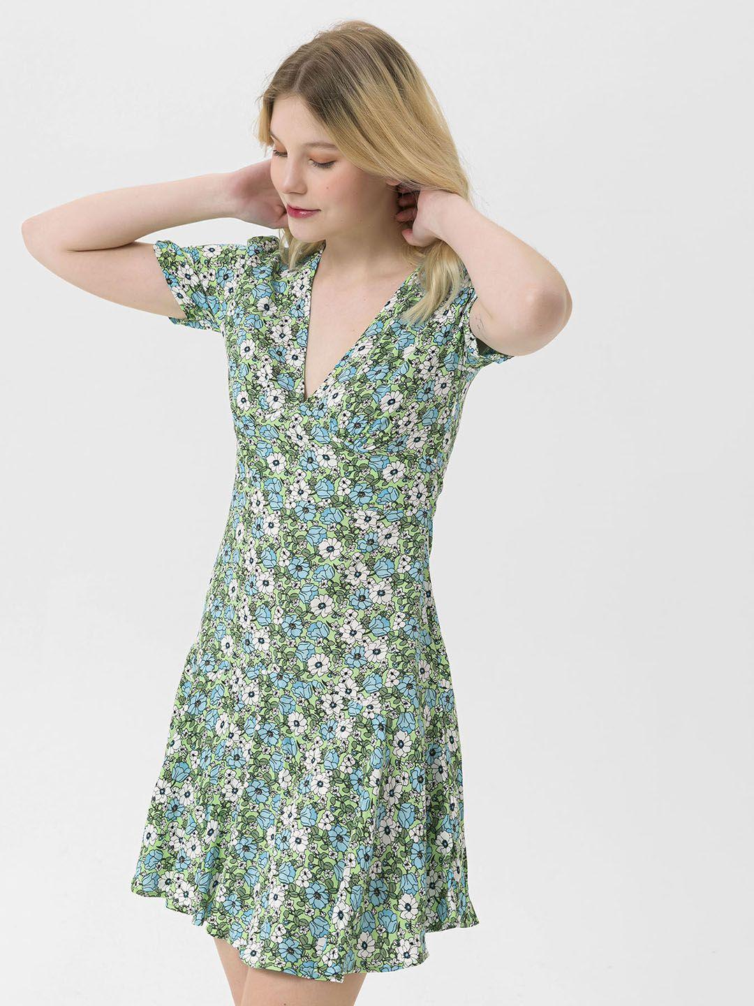 busem blue & green floral a-line dress