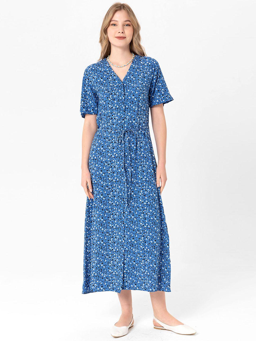 busem blue floral a-line midi dress